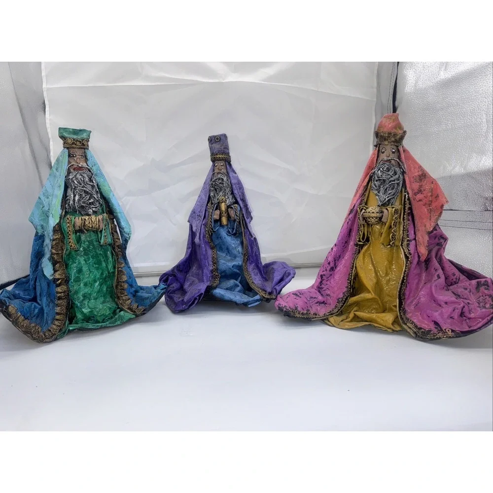3 Wise Men Handmade Paper Mache Folk‎ Art Jewels Christmas 3 Kings Textured 12